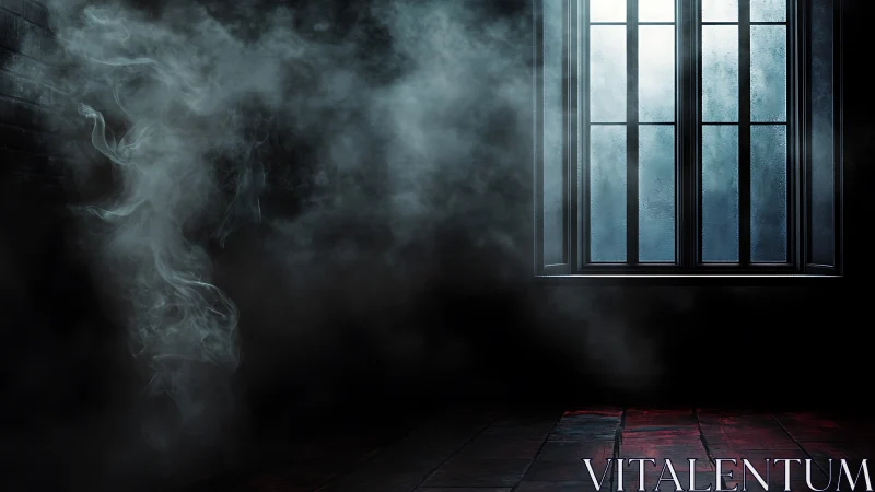 Moody interior with fog-filled dark room and frosted window