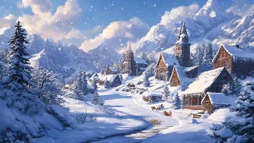 Snowy alpine village basks in serene winter sunlight.
