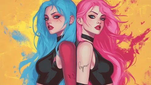 Neon hair rivals back to back on a blazing yellow canvas.