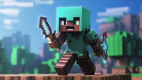 Minecraft style warrior in teal armor holding twin swords.