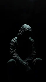 Low key portrait of hooded figure in deep negative space darkness