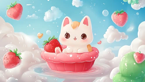 Whimsical Cat in Strawberry Bowl Among Clouds.