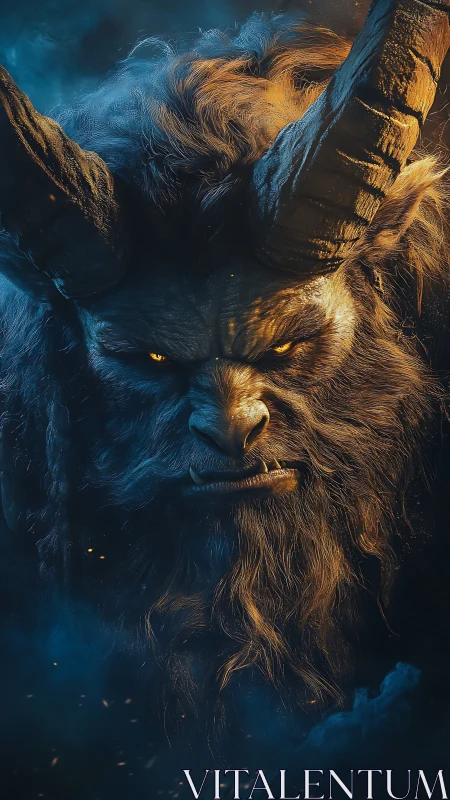Horned demonic beast portrait in fiery blue haze.