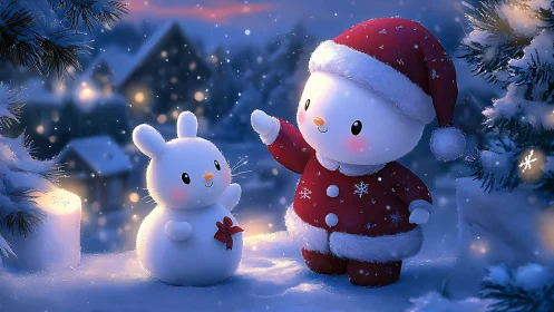 Cute snowman character in red Santa outfit at night.