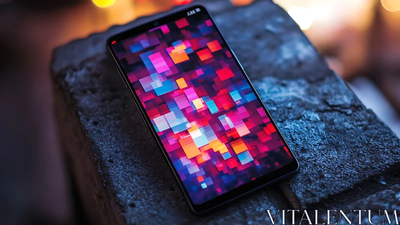 Smartphone displaying colorful pixelated geometric pattern on surface