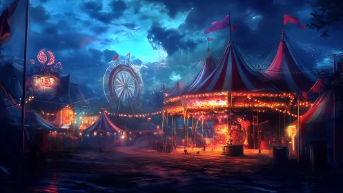 Midnight carnival glows under storm-kissed sapphire skies.