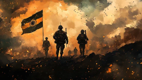 Indian soldiers advance through a burning battlefield at dusk