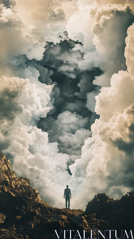 Silhouette confronts vast storm-torn celestial cloud gate.