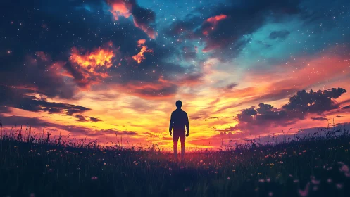 Silhouette observing vivid sunset sky over meadow field.