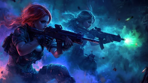 Tactical duo advance through neon smoke with rifles ready.