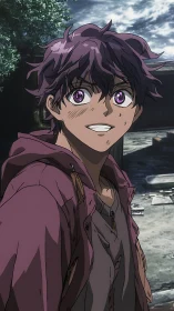 Purple-eyed anime teen in weathered urban courtyard lighting.