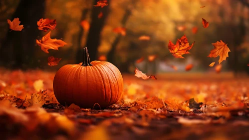 Autumn pumpkin rests amid swirling golden maple leaves.
