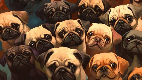 Bright-eyed pug crowd gathers in a bundle of gentle charm