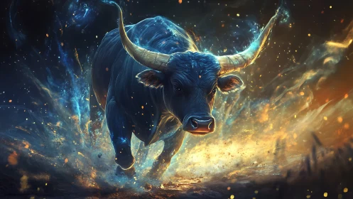 Cosmic horned bull erupts through starlit embers of night.