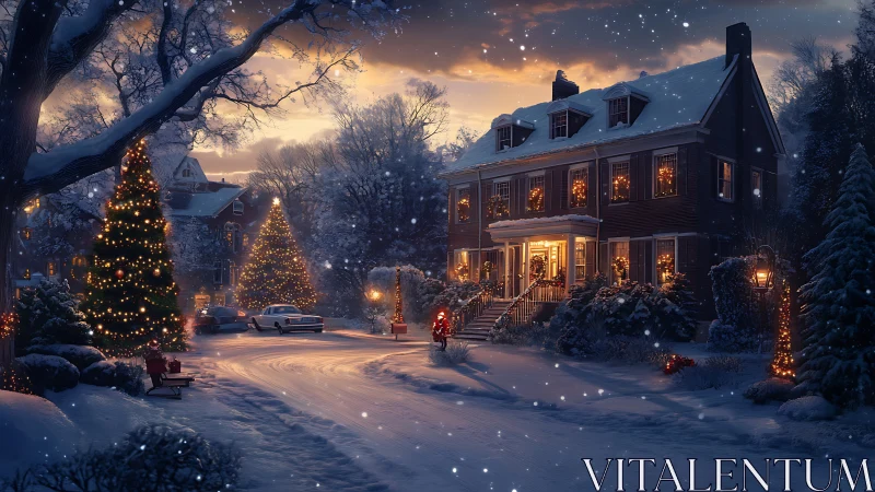 Cozy winter house glowing with gentle holiday lights at dusk.