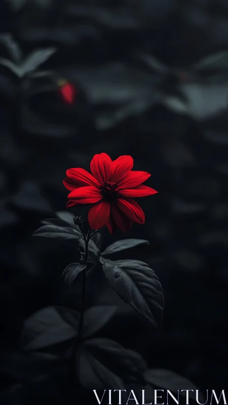 Dramatic Red Dahlia Against Desaturated Dark Foliage.