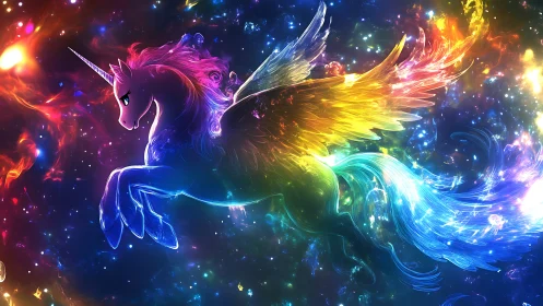 Radiant cosmic pegasus unicorn soars through neon starlight