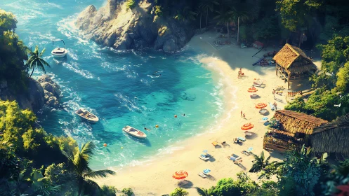 Tropical Beach Paradise with Boats and Thatched Bungalows
