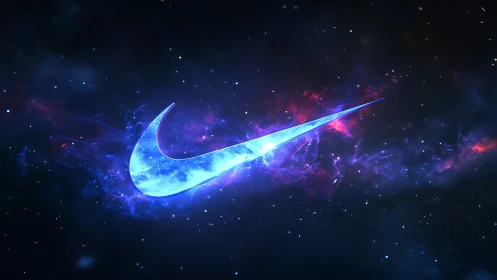 Glowing swoosh logo rendered within a stylized cosmic field