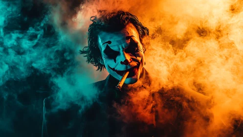 Smoke-split jester emerges in teal and ember twilight haze.