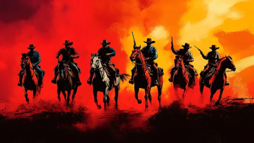 Silhouetted gunslingers on horseback against blazing red sky