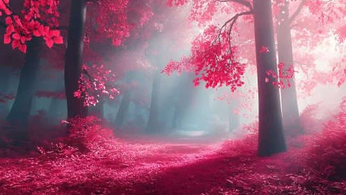 Neon Magenta Forest Path Through Towering Trees and Luminous Foliage.
