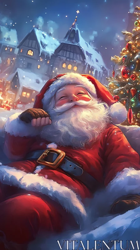 Digital painting of relaxed Santa in luminous winter village.