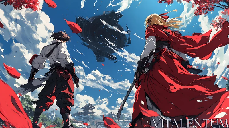 Two armed figures face black airborne structure over town.