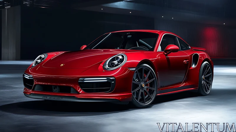 Sleek red sports coupe glows confidently in a modern garage