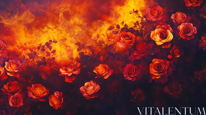 Volumetric flame rendering with photorealistic roses composited against graduated fire