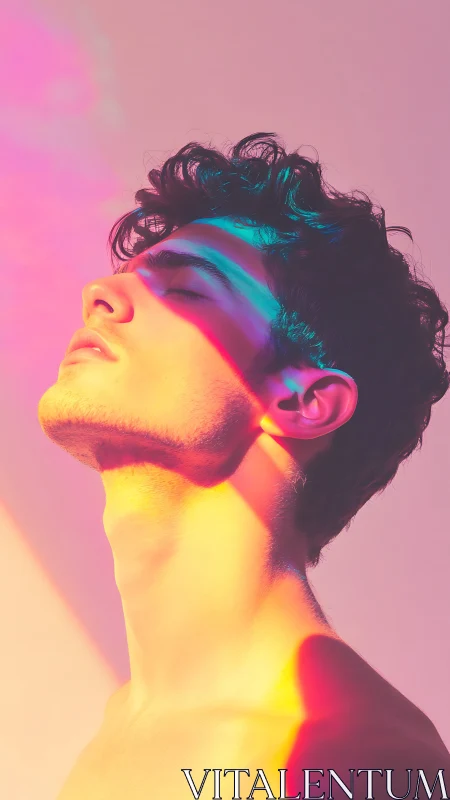 Neon prismatic side-profile portrait in warm directional light