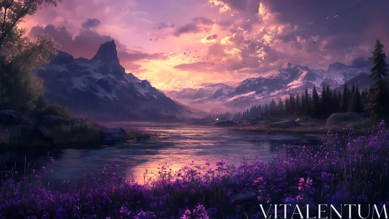 Lavender twilight settles gently over a peaceful mountain lake
