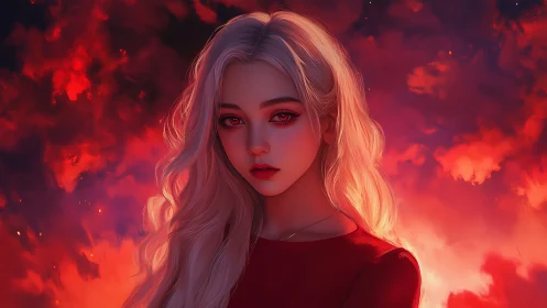Luminous blonde portrait against saturated red firelit clouds