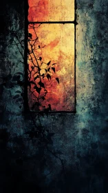 Cracked sunset window glows against a dark, decayed wall