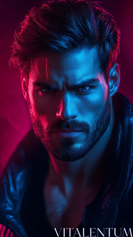 Neon-lit male portrait in intense cyan and magenta glow.