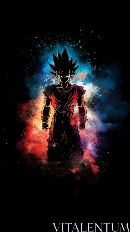 Silhouetted warrior stands amid explosive cosmic energy.