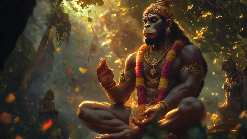 Divine simian deity meditates in volumetric forest light field
