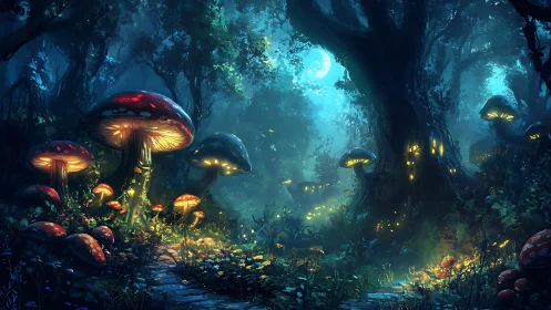 Bioluminescent mushroom forest under glowing blue moonlight