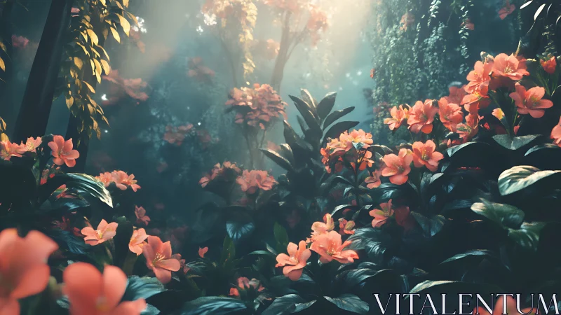 Garden with Orange Flowers and Filtered Sunlight