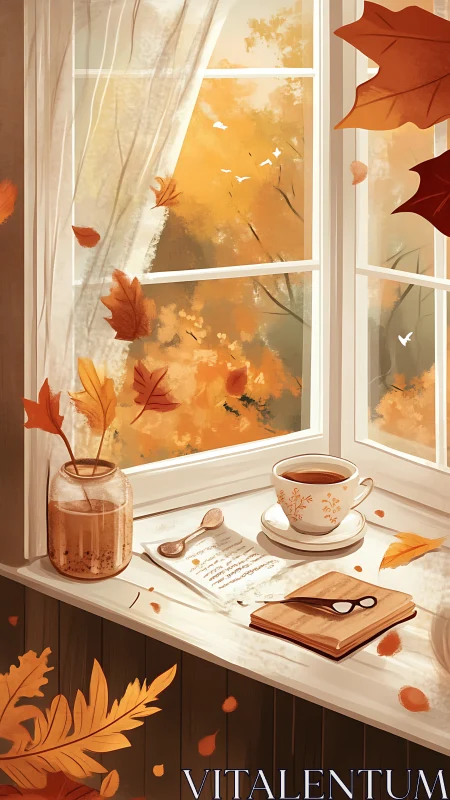 Autumn study window with steaming tea and drifting leaves.