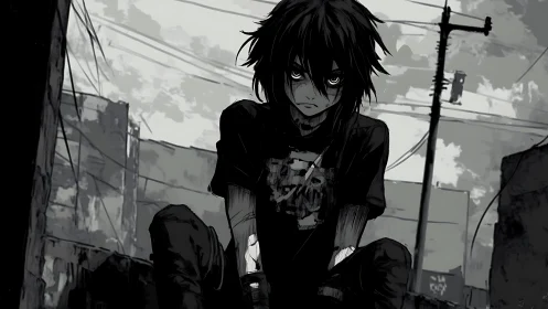 Street-scarred loner broods beneath a tangle of city wires.