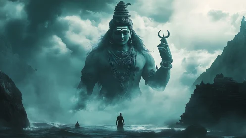Gigantic serene deity emerges from misty ocean storm.