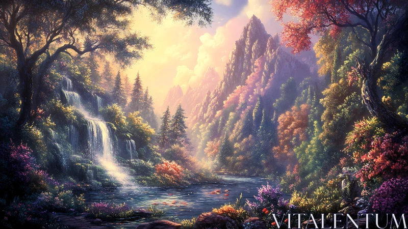 Sunlit waterfalls cascade through an enchanted mountain valley.