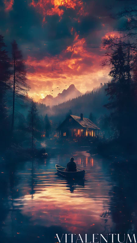 Solitary canoe drifts toward cabin beneath burning sky.