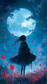 Moonlit anime silhouette with red blossom field composition.