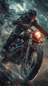 Motorcyclist accelerates through storm flood with dynamic motion blur