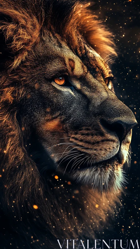 Fiery digital lion portrait with glowing embers at night.