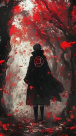 Solitary cloaked figure walks through crimson leaf tunnel