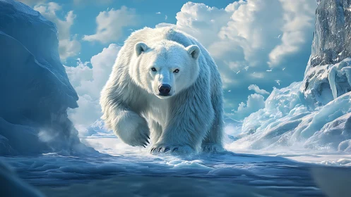 Photorealistic polar bear striding across sunlit arctic ice