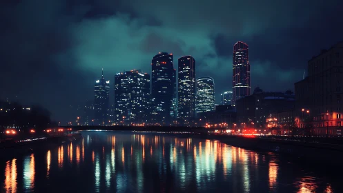 Cyberpunk riverside skyline with neon-lit glass towers at night.